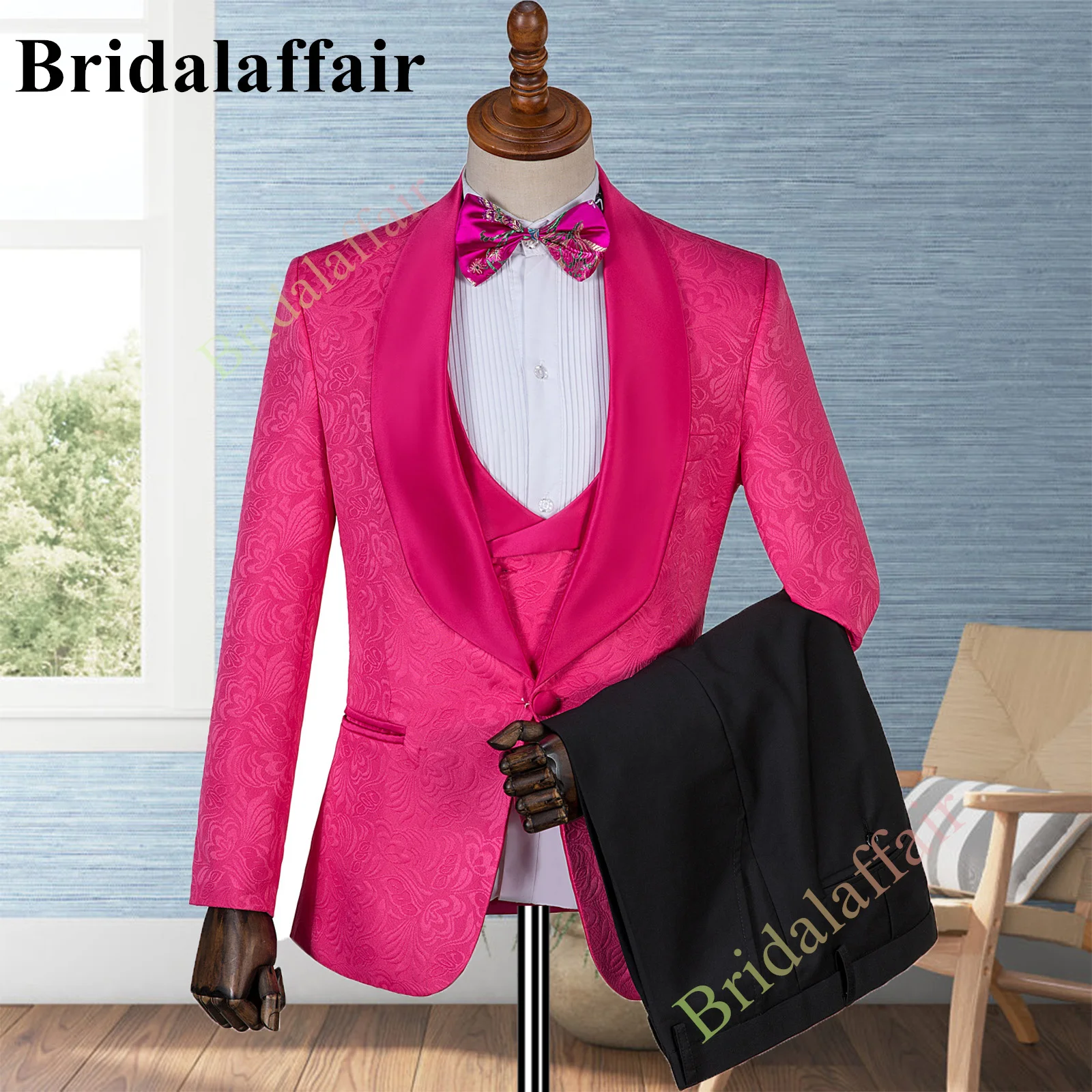 Bridalaffair Mens Pink Suits Elegant Jacquard Wedding Tuxedos Suit for Men 3 Pieces Blazer Vest Pant Set Costume Homme Slim Fit