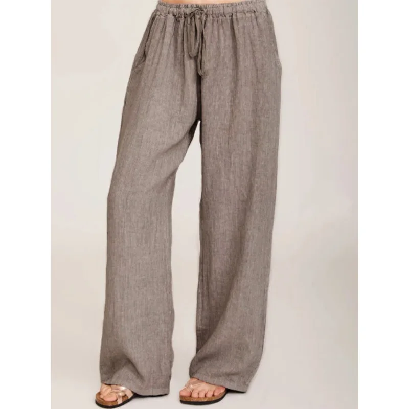 Spring Summer Drawstring Solid Color Loose-fitting Trousers Casual Cotton Linen Patchwork Pockets Shirring Womens Wide Leg Pants