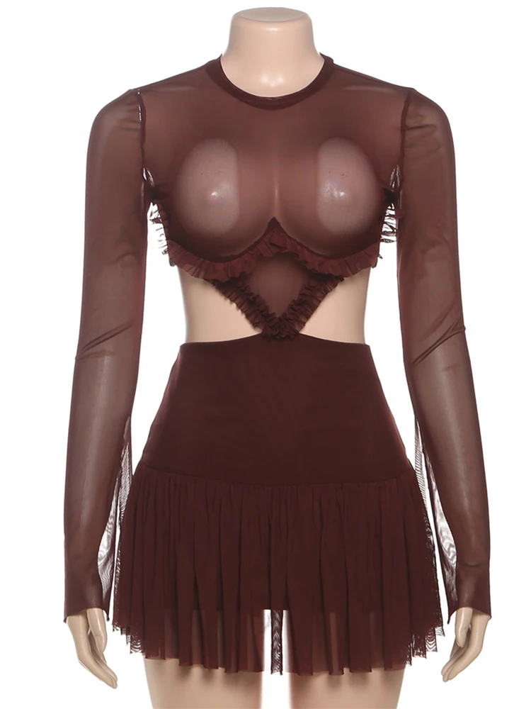 Nibber Waistless Patchwork Mesh Dress Woman o-Neck Full Sleeve Ruffle Hollow Design Midnight Club Party Sexy Fashion Bodycon 5