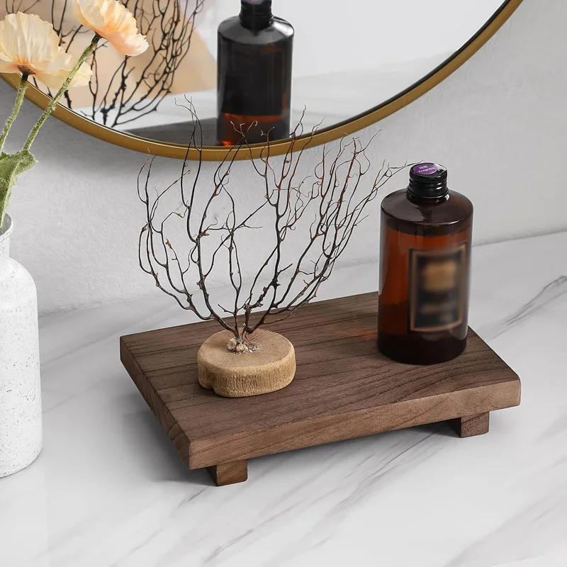 Wood Tray Pedestal Stand Bathroom Decor Wooden Vanity Hands Soap Scented Candle Storage Holder Tray Kitchen Seasoning Holder 3
