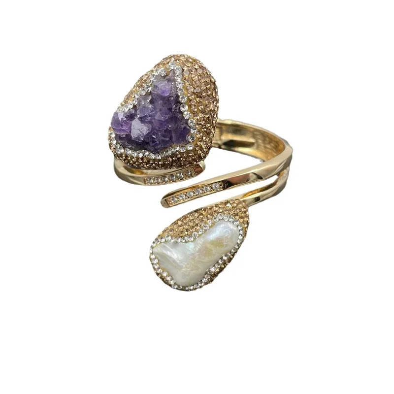 Natural Amethyst Baroque Freshwater Pearl Cuff Bracelet Turkish Crystal Quartz Exquisite Women's Banquet Jewelry Accessories