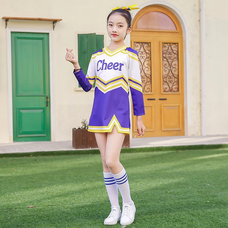 Girls Women Cosplay Costume Cheerleader Outfits V Neckline Letter Print Patchwork Style Dance Dress Cheerlead pompoms Socks