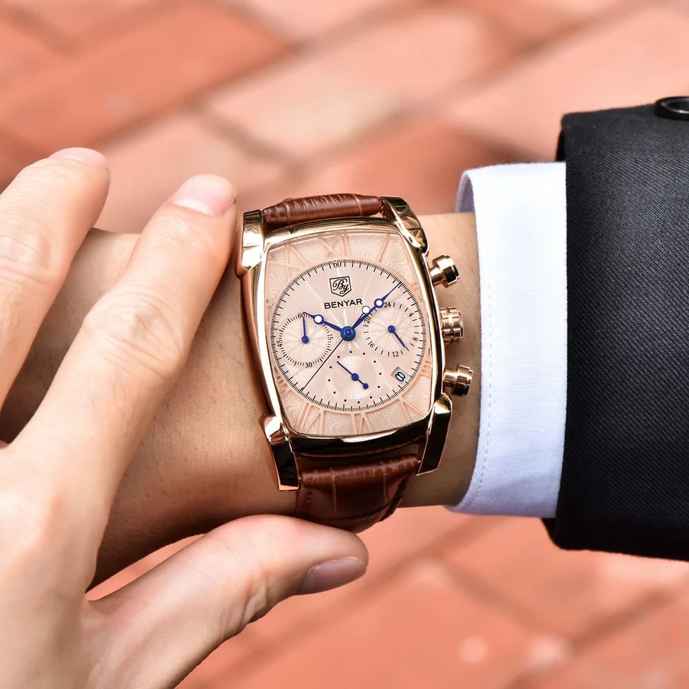 BENYAR Classic Rectangle Case Fashion Sport Chronograph Watch For Men Waterproof 30M Genuine Leather Strap Luxury Quartz Watch