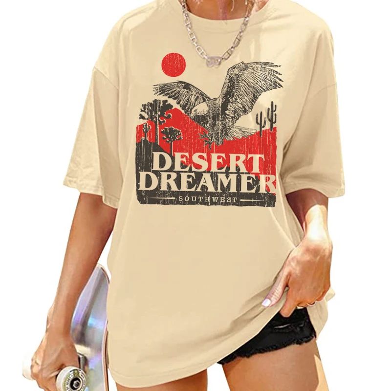 

kuakuayu HJN Summer Women Vintage T-Shirts Desert Dreamer Cactus Eagle Print Retro Graphic Tee Shirt Cowgirl Western Tshirts Top