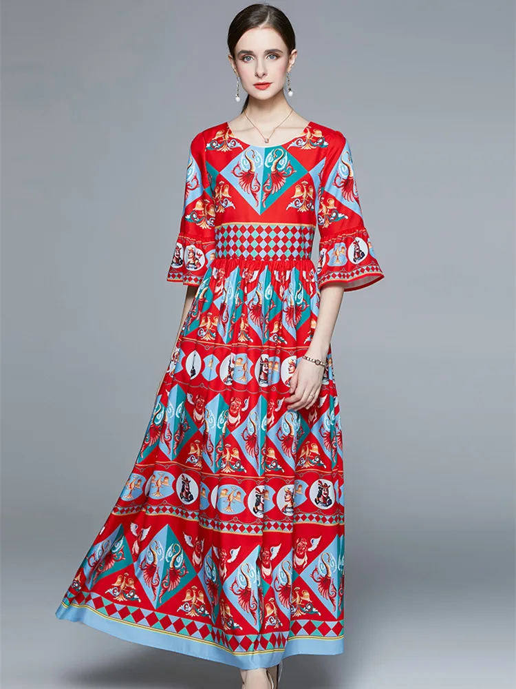 2022 Fashion Autumn Maxi Dress Women Half Flare Sleeve High Waist Warrior Totem Printed Plaid Red Vintgae Long Vacation Vestidos