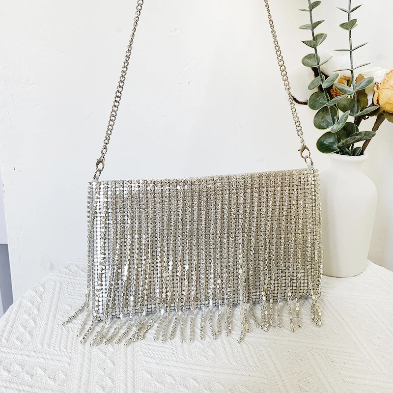 Bolso de teléfono móvil con borla de diamante ostentoso para mujer