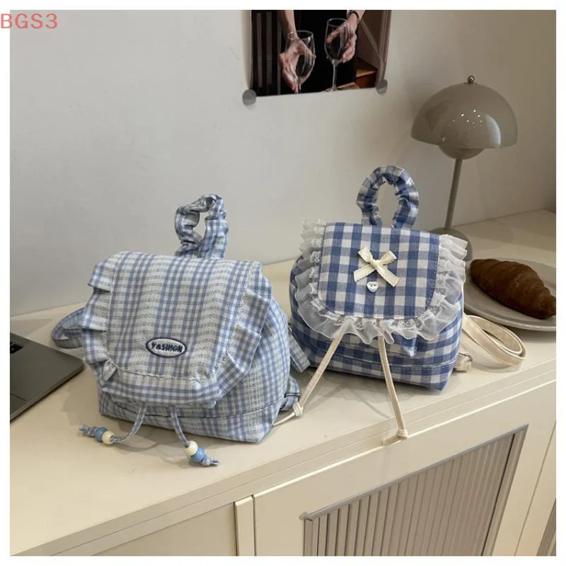 INS Cute Girl's Backpack High-Quality White And Blue Checkered Cute Handbag 5