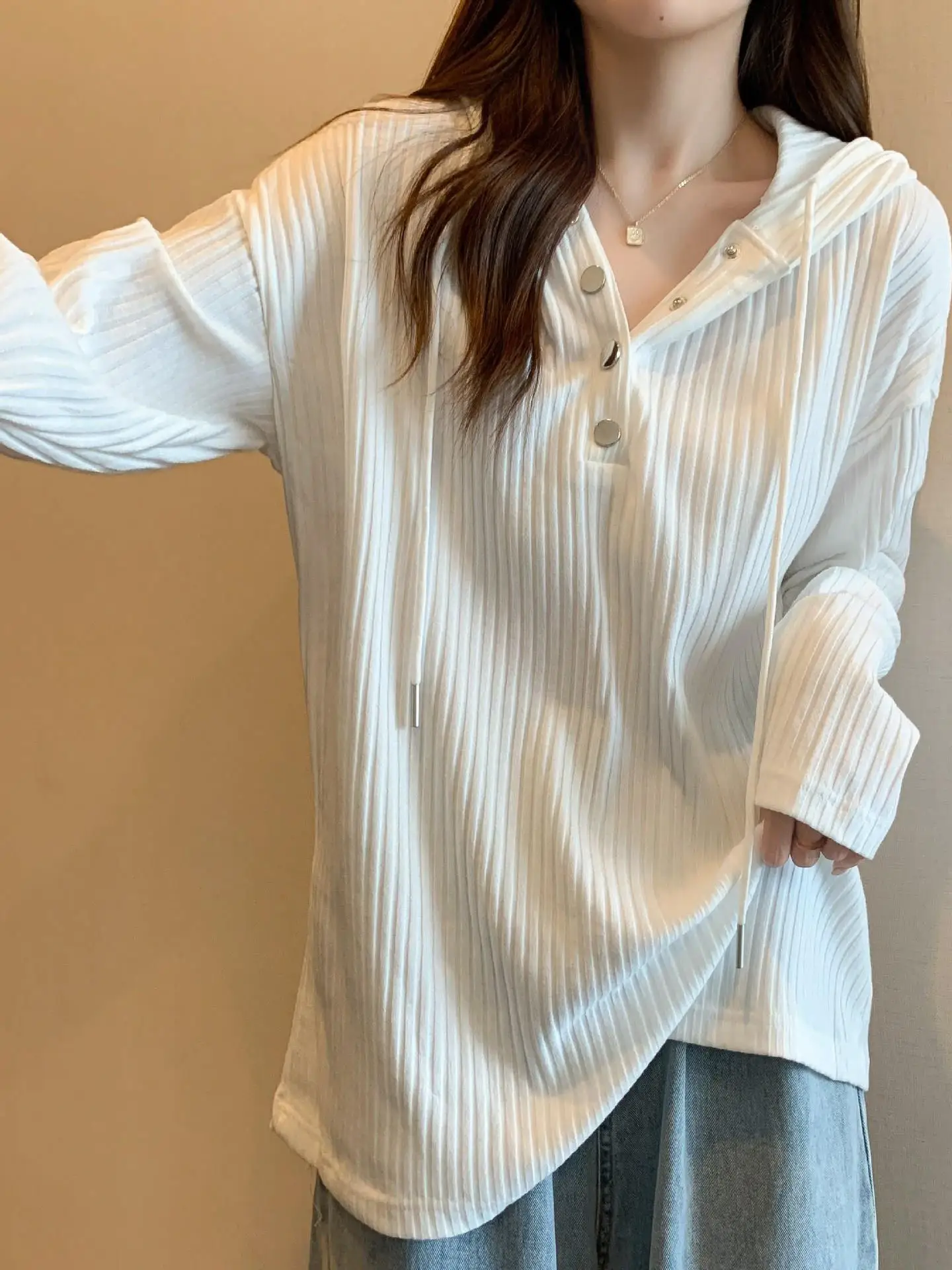 여유로운 스타일 단색 후드티 여성용 봄 가을 루즈핏 긴팔 버튼업 슬림핏 베이스 셔츠 반오픈 가디건