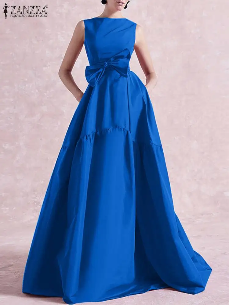 

ZANZEA Elegant Women Long Dress Summer Fashion Sleeveless Evening Prom Party Vestidos Casual Pleated Swing Maxi Dresses Belted