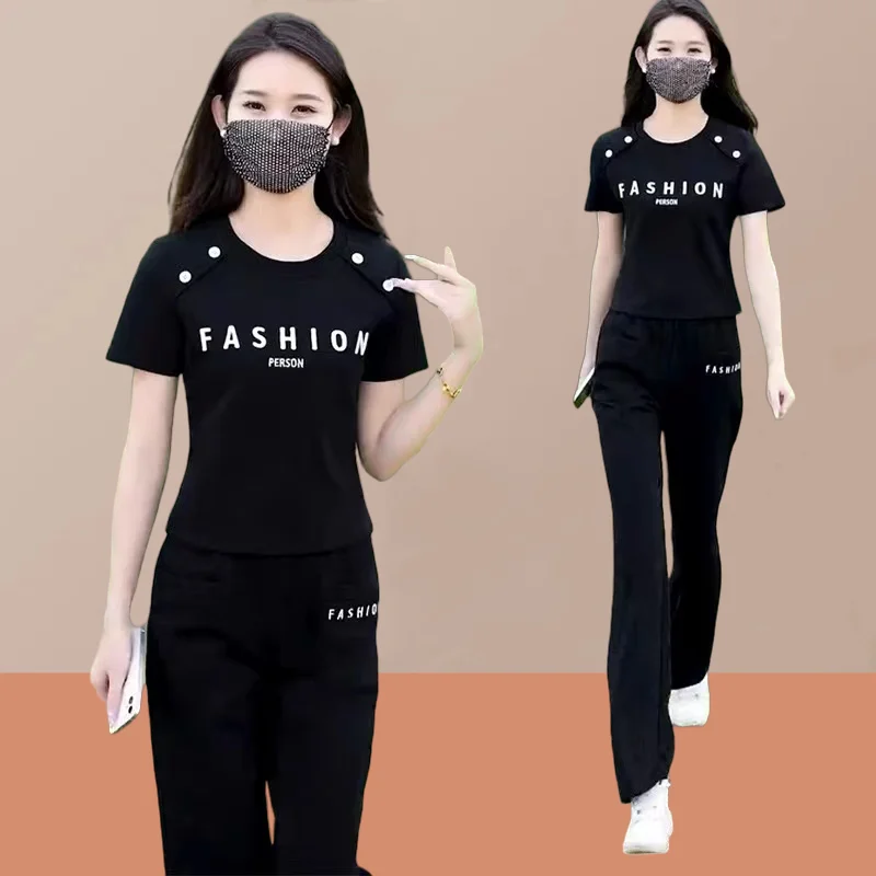 Leisure Sportswear Set for Women's Spring and Summer 2024 New Pink Short Sleeved T-shirt Wide Leg Pants Two-piece Set