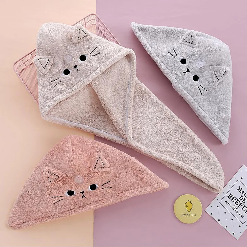 Microfiber Towel Sports Towel Shower Cap Hair Towel Cartoon Cat Hair Towel Cap Absorbent Quick-dry Wrapped Bath Cap Sweet Kitten Thickening Coral Velvet Headband Bathroom Supplies