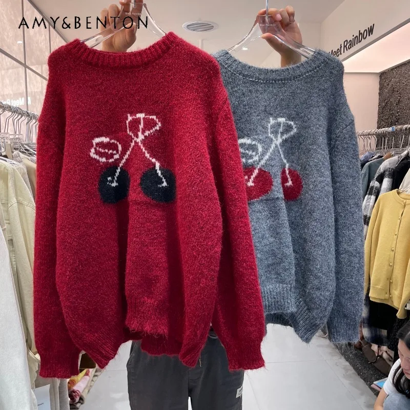 

Red Sweet Sweater Women's Clothes Pullover 2023 Autumn And Winter New Loose Wear Thick Knitwear Design Blouse Mid-Length Jumpers