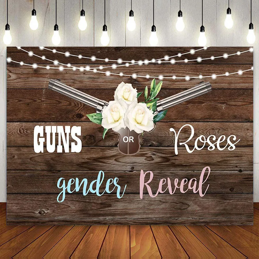 Pistole O Rose Gender Reveal Party Photo Background Prop Rustic Wood Glitter Lights Baby Shower Boy O Girl Decor Fondale Banner