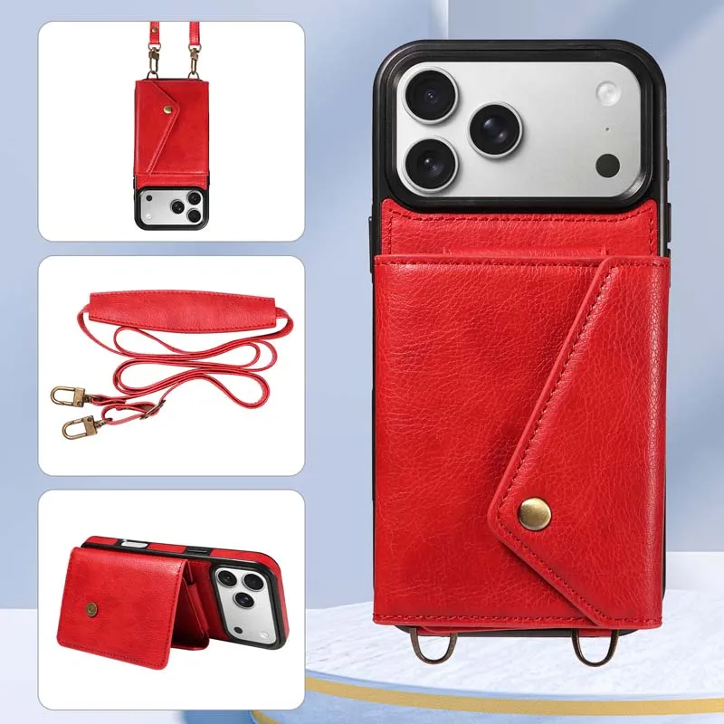 Elegant Leather Crossbody Phone Case with Wallet and Card Slots – Fashionable Long Lanyard Design