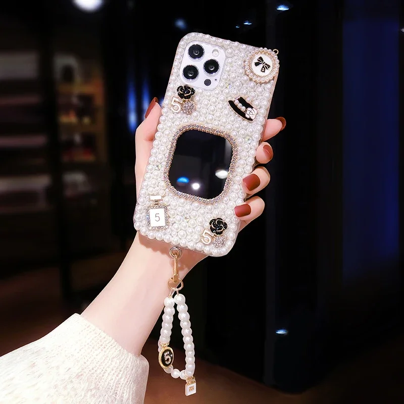 Luxury Bling Rhinestone Mirror Pearl Flower Case for iPhone, Case for iPhone 15Pro, 14Plus, 13 Pro, 12 Mini, 11Pro MAX, XR, 7, 8