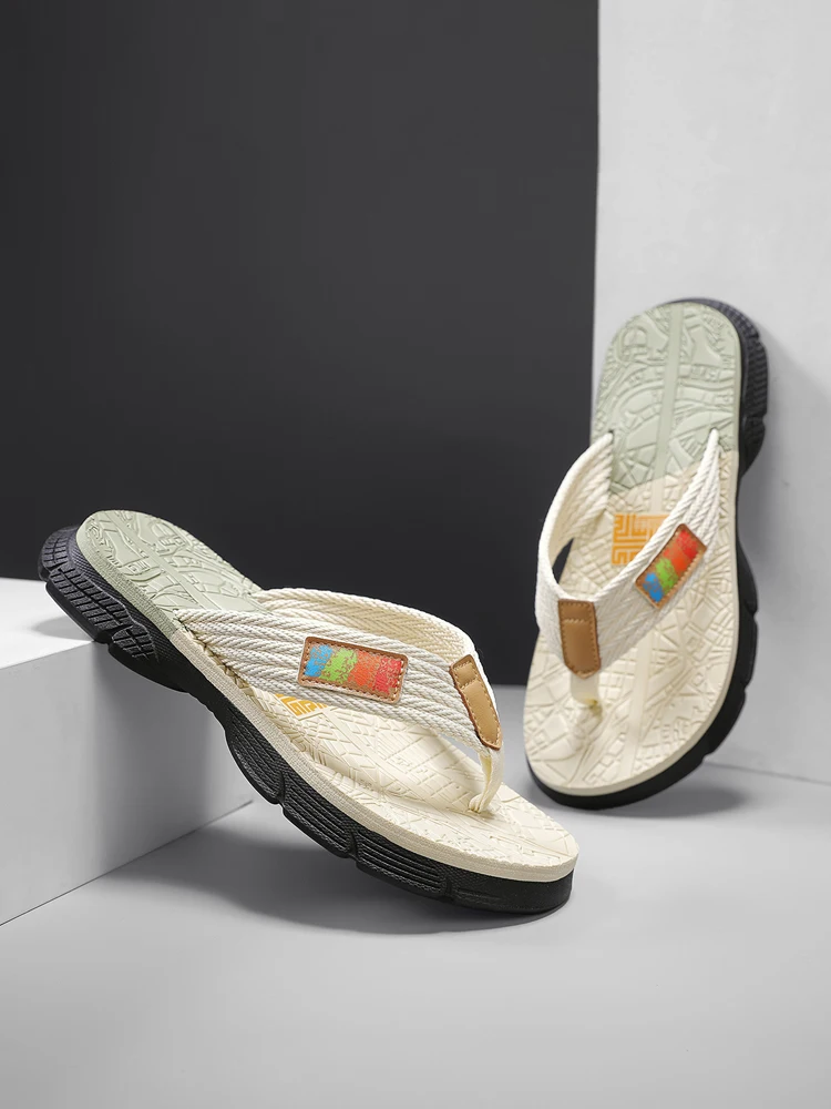 Men’s flip - flops, featuring a knitted upper with a colorful label, a two - colored sole, simple and stylish, in a casual style - 5