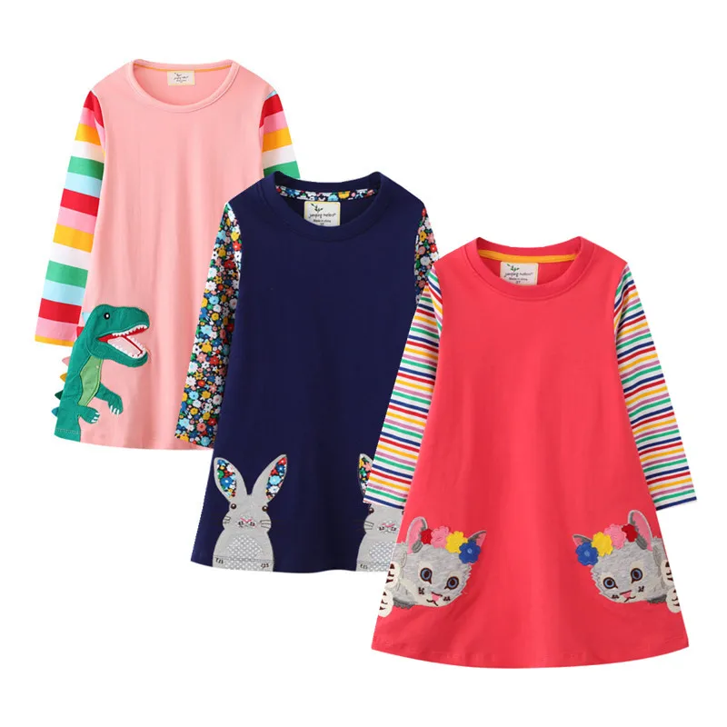 

Cat Applique Girls Dresses Cotton Princess Long Sleeve Baby Dress Animals Children Costume Party Cute Girls Dresses