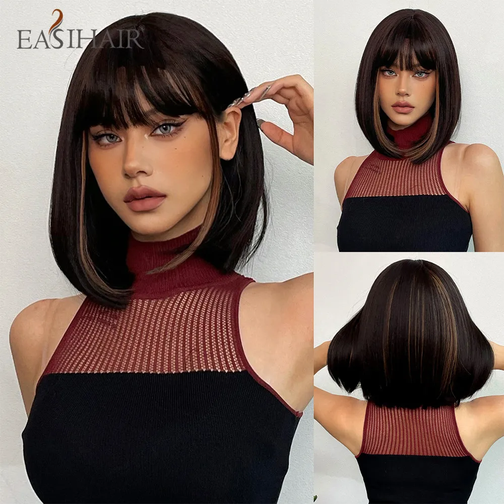 Short Straight Synthetic Wigs with Bangs Dark Brown Black Bob Wigs Daily Cosplay Party Hair Wig Natural Heat Resistant