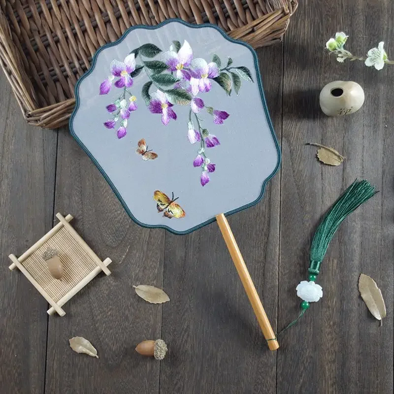 Double Sided Embroidery Dance Fan, Antique Style Round Shaped Tenghua Hanfu Special Suzhou Decoration, Embroidery Versatile, 1Pc