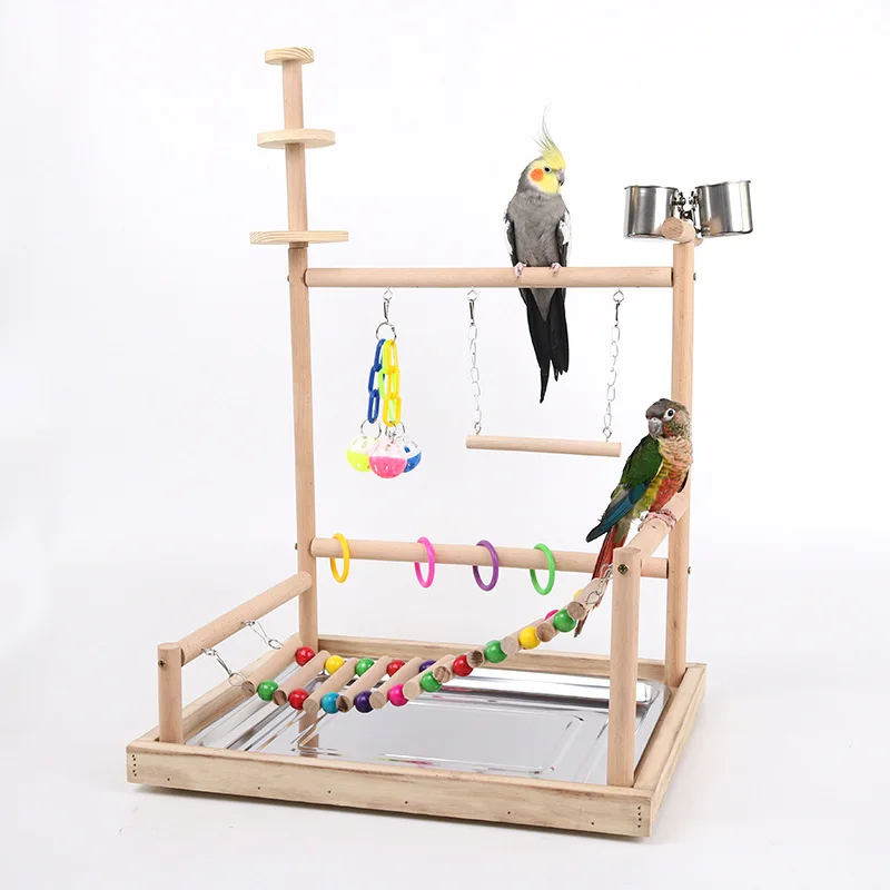 

Pet Parrot Play Stand Solid Wood Standing Stick Bird Perch Swing Toys Ladder Training Interactive Tools Funny Bird Cage Supplies