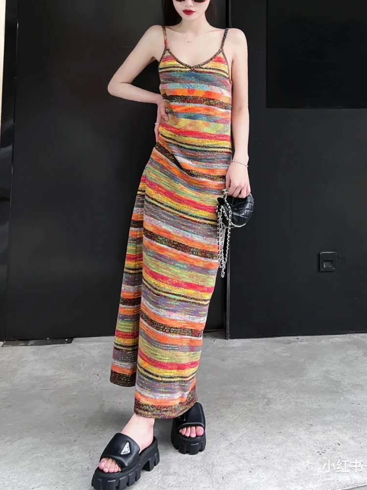 

High Quality Suspenders Sleeveless Striped Dopamine Dressing Rainbow Color Knitted Long Dress V-Neck Silk and Cotton Blended