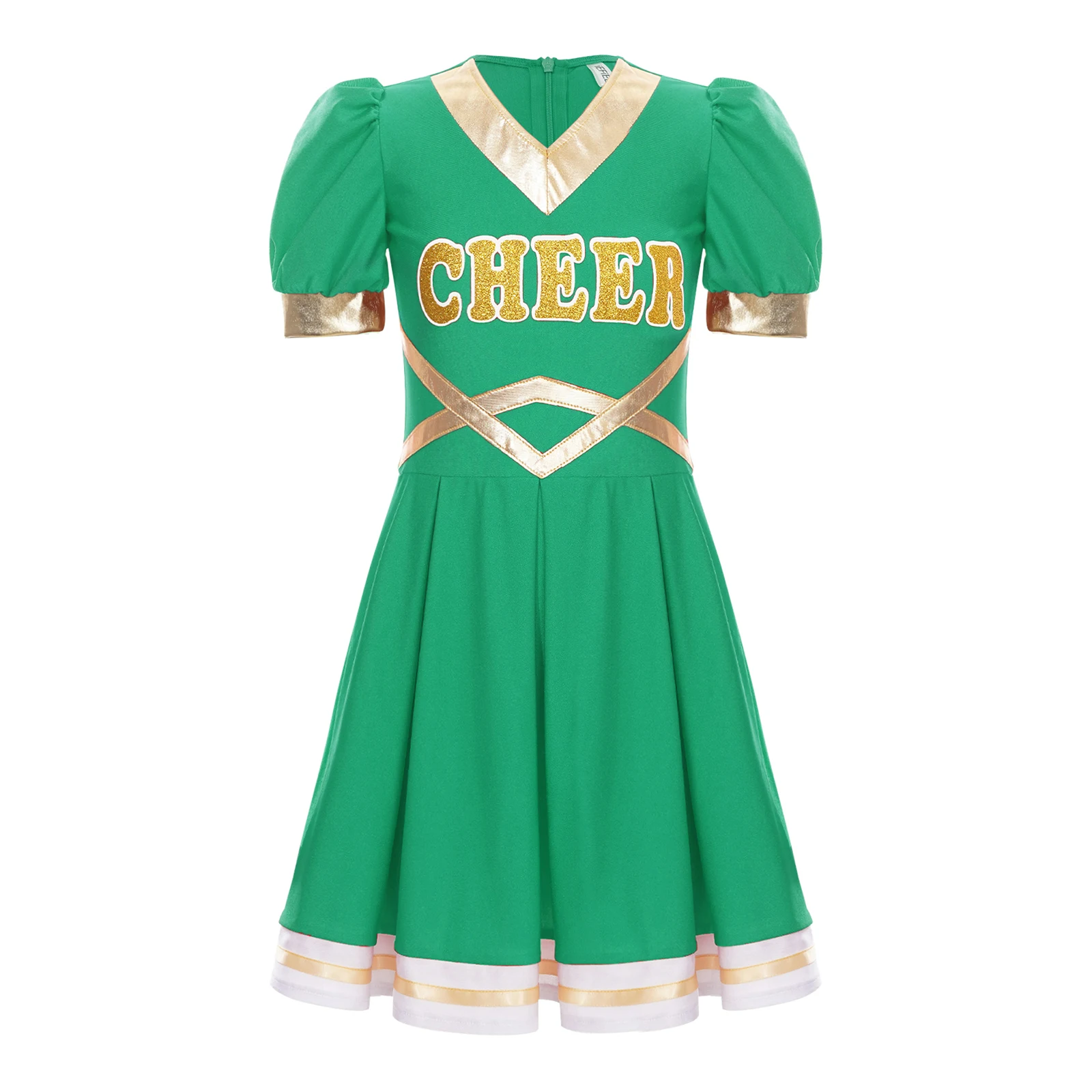 

Kids Girls Cheerleading Dress Short Puff Sleeve Pleated Dresses Cheerleader Uniform School Team Competition Performance Costumes