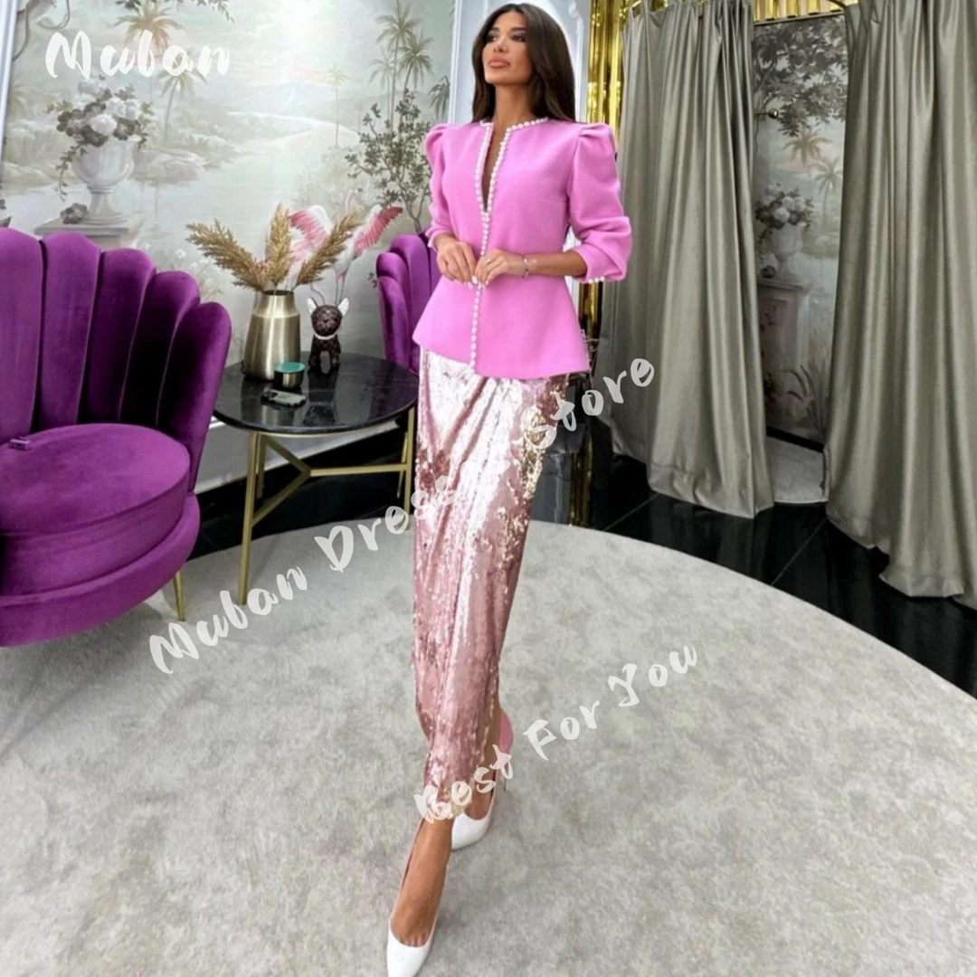 

V-neck Pearls Long Sleeves Prom Dresses Sequins 2-piece Party Gown Elegant Women Wear Formal Occasion Dress Evening Gown