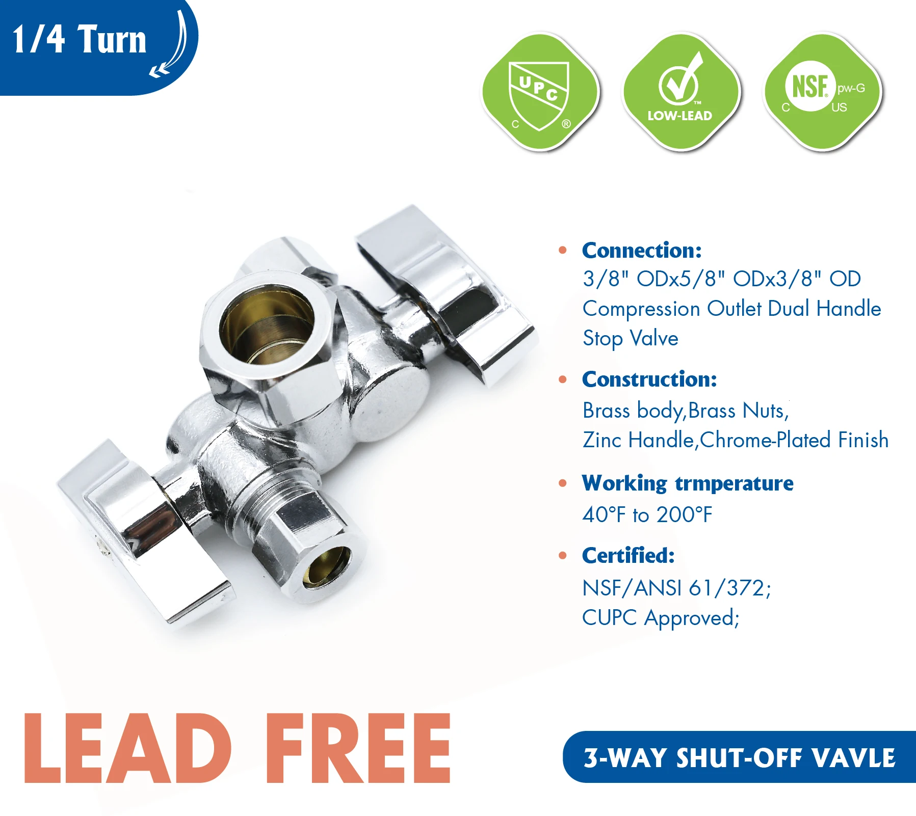 KING SMART 3/8" OD * 5/8" OD * 3/8" 1/4 Turn Dual Handle Stop Valve; 2Pcs/Case; 80407