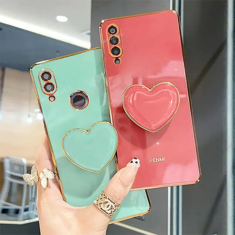 Luxury Plating Love Heart Silicone Phone Case with Foldable Holder