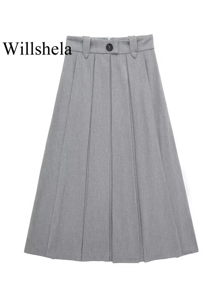 

Willshela Women Fashion With Button Grey Pleated Back Zipper Midi Skirt Vintage High Waist Female Chic Lady Skirts