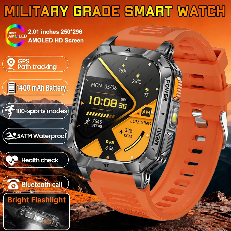 2026 New Military Grade 1400 mAh Battery Smart Watch Men 2.01" AMOLED Screen IP68 Waterproof Sports Fitness BT Call Smartwatches 1