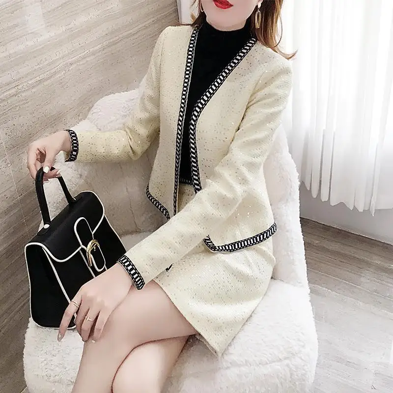 

Spring Autumn Fench Graceful Work Clothing 2 Piece Set Korean Office Lady Elegant Sequins Patchwork Suit Jacket Skirts Outfits