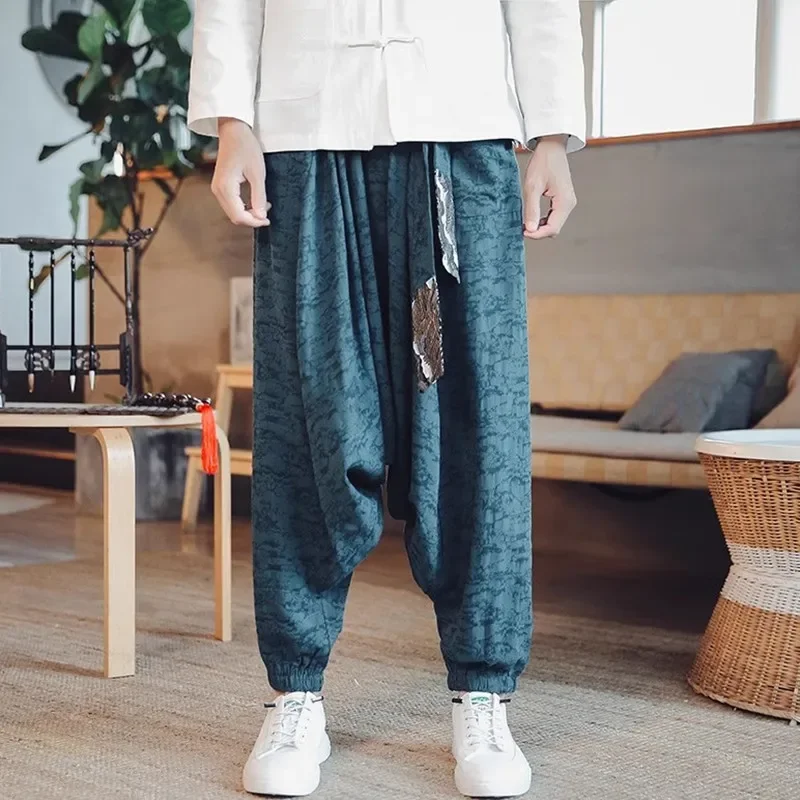 

Men's Linen Harem Capri Pants Lightweight Elastic Waist Wide Leg Cropped Trousers Casual Loose Beach Capris