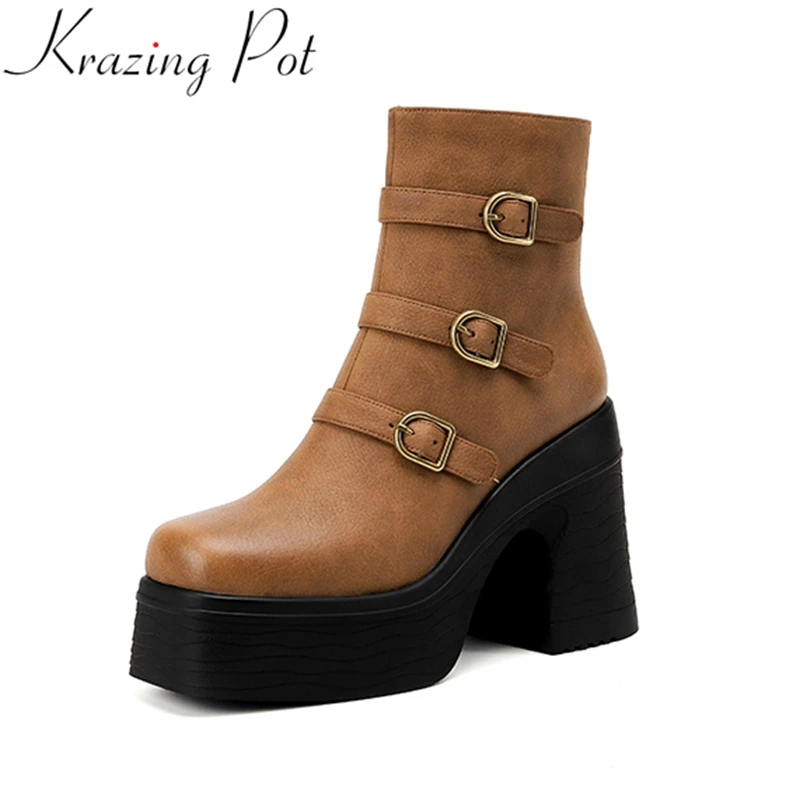 

Krazing Pot 2023 Genuine Leather Super High Modern Boots Zipper Buckle Keep Warm Winter Shoes Platform Retro Concise Ankle Boots