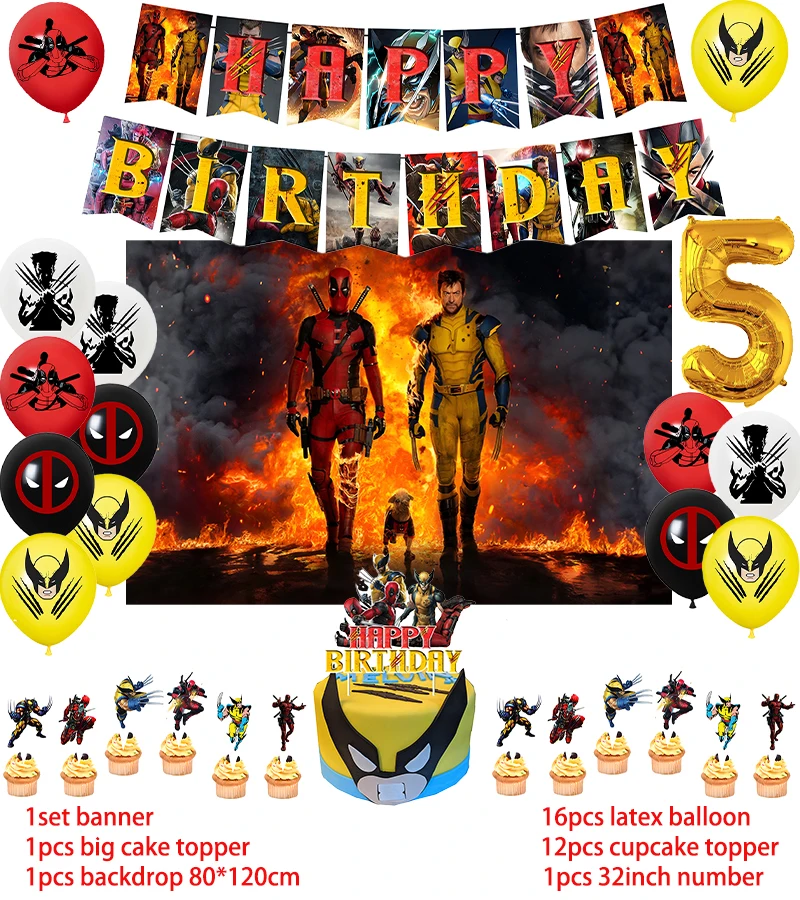 Description Picture 5 of itemDeadpool And Wolverine Birthday Party Decoration Balloon Banner Backdrop Cake Topper Supplies Baby Shower