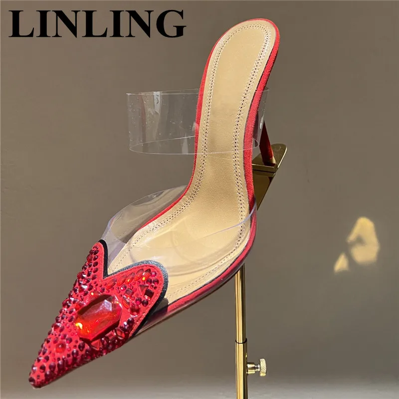 

Sexy Rhinestone PVC Red Black Sandals Women Summer Party Stripper High Heel Pumps Crystal Diamond Pointed Toe Wedding Shoes 2023