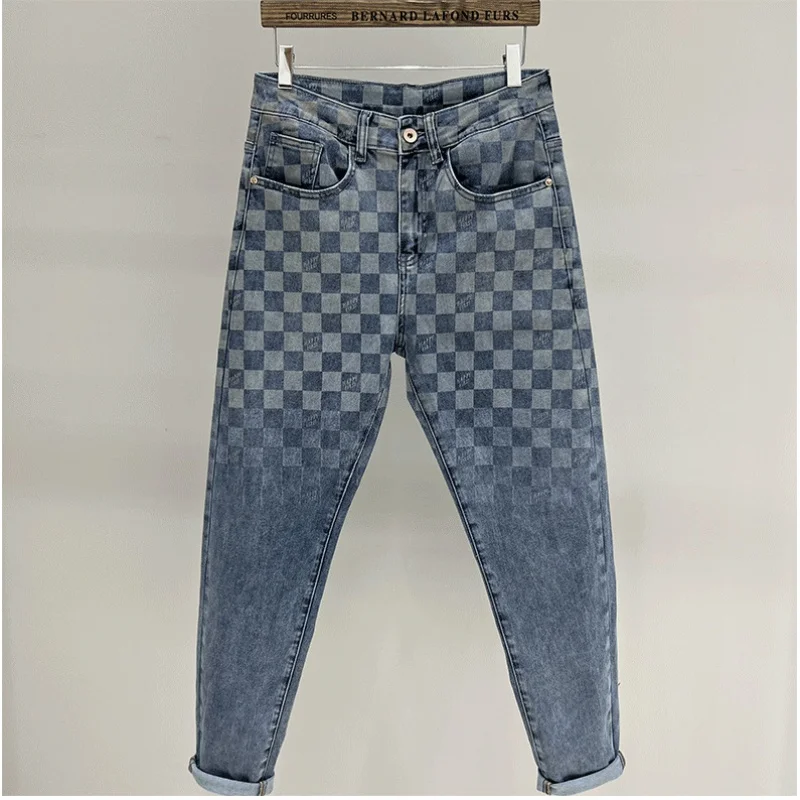 Square printed jeans men's fashion high-end affordable luxury Korean style fashionable all-match stretch slim fit skinny pants