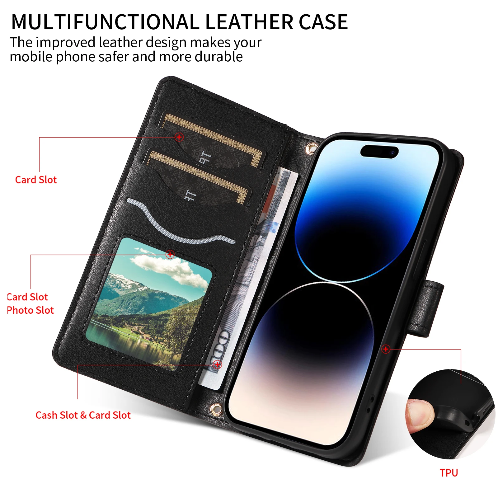 Leather Flip Case with Hand Strap and Wrist Wallet - Features 3 Card Slots