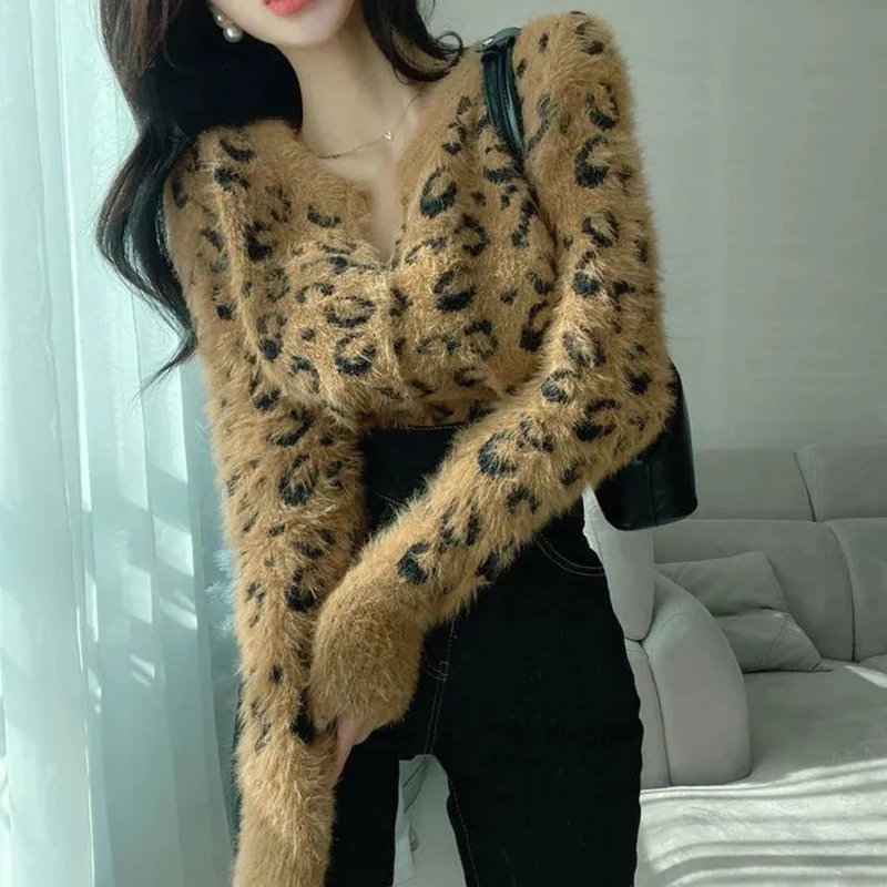 Biyaby 레오파드 프린트 크롭 니트웨어 여성용, 빈티지 두꺼운 긴팔 스웨터 코트, 섹시한 스키니 지퍼 니트 가디건
