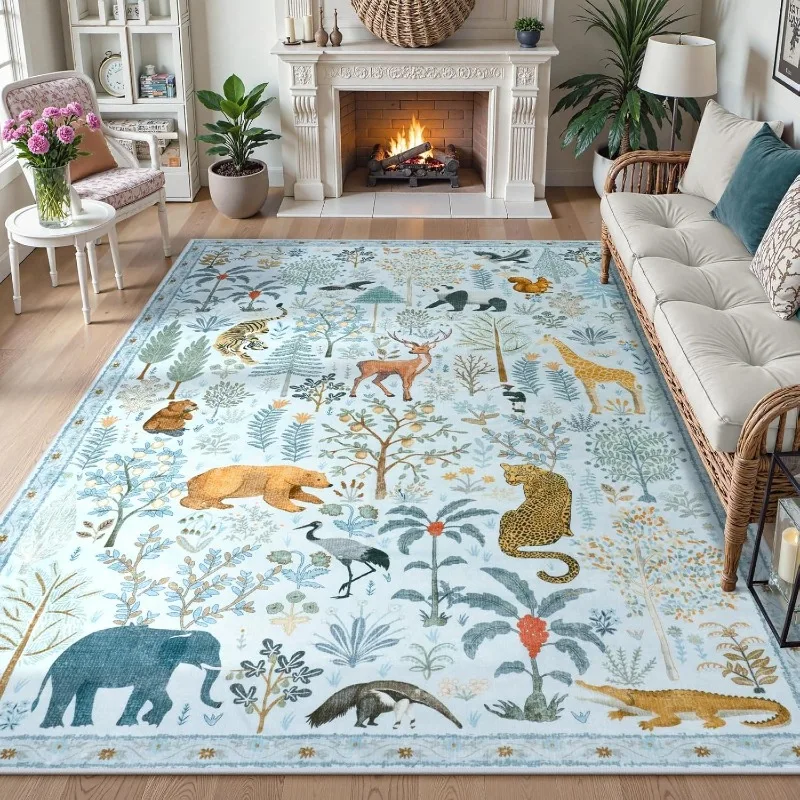 Fashion Retro Living Room Carpet Animal Floral Print Bedroom Rug Machine Washable Non-slip Coffee Table Floor Mat Tapis Alfombra