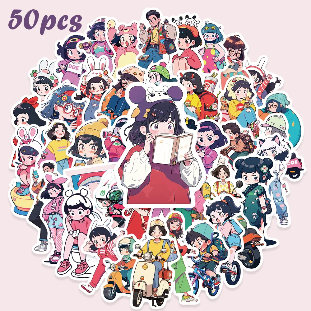 

50pcs Cute Cartoon Girl's Daily life Stickers Funny DIY Graffiti Decal Laptop Scrapbook Notebook Diary Waterproof Kids Sticker