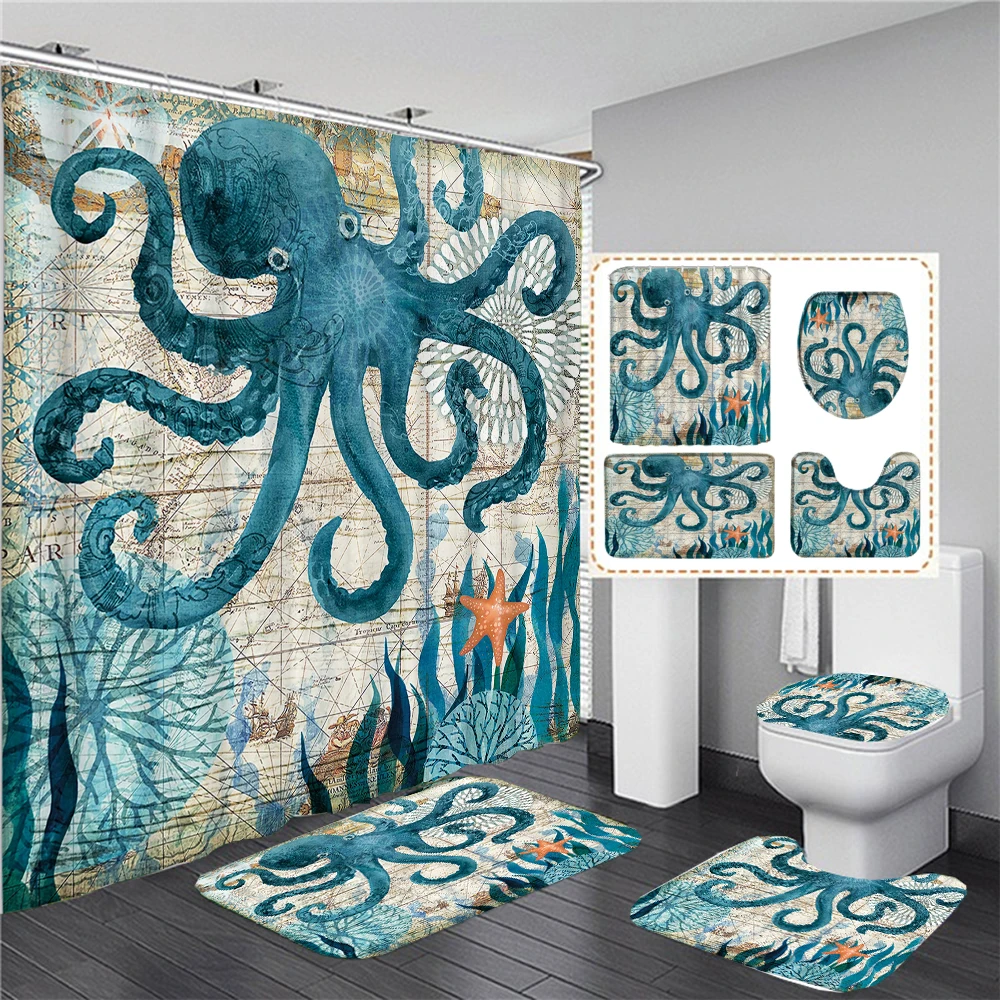 God Jesus Christian Art Shower Curtain Set Bath Mat Non-Slip Toilet Lid  Cover