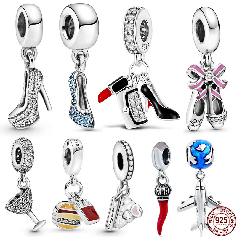 925 Sterling Silver Blue Elegant White Zircon High Heels Charm Fit Original 3mm Bracelet&Bangle Making Fashion DIY Jewelry