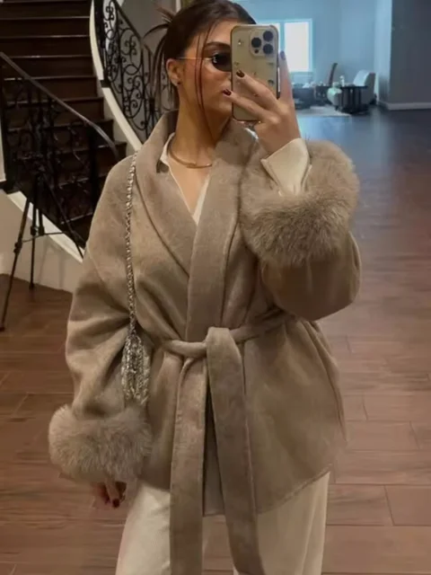 Elegant Lace Up Woolen Coat Women Solid Loose Lapel Furry Belt Long Sleeve Short Jacket 2025 Autumn Winter Lady Cardigan Outwear 2