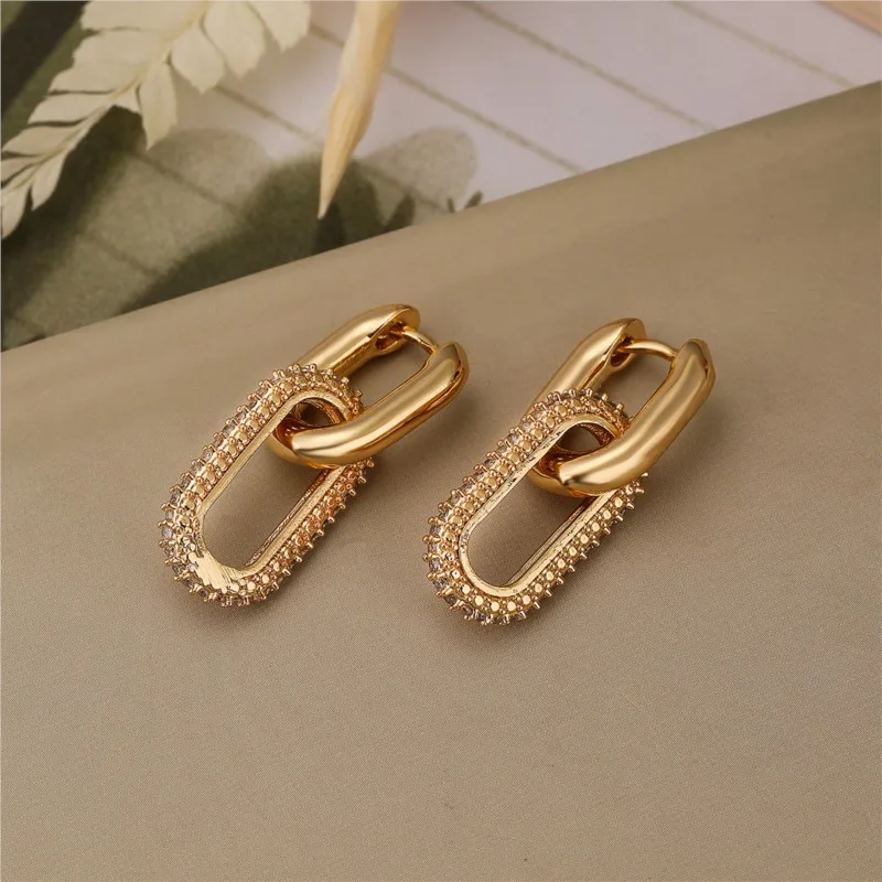 14K Gold Color U Shape Hoop Earrings for Women Shiny Zircon Chunky Hoops Earring Jewelry Gifts