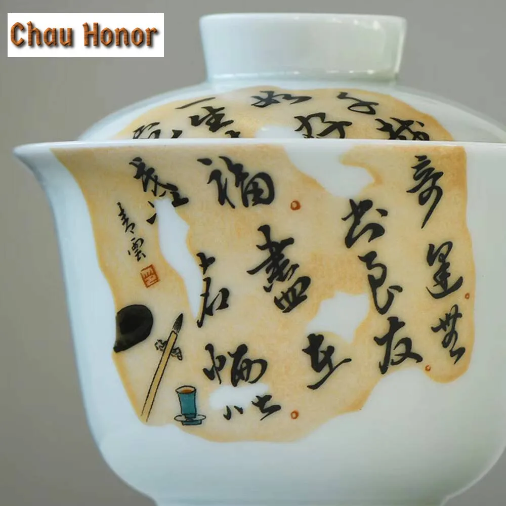 130ml Aesthetic Remnant Page Proverbs Grey Gaiwan Boutique Ceramic Bowl with Lid Tea Tureen Tea Making Cover Bowl Teaset Craft