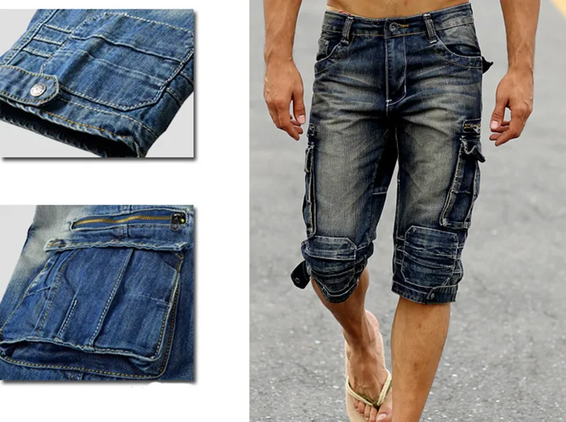 Summer Mens Retro Cargo Denim Shorts Vintage Acid Washed Faded Multi