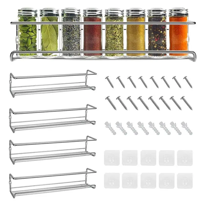 

Seasoning Rack For Wall Kitchen Organizer No Drilling Large Capacity Stainless Steel Wall Organizer Storage Shelf Metal 4pcs For