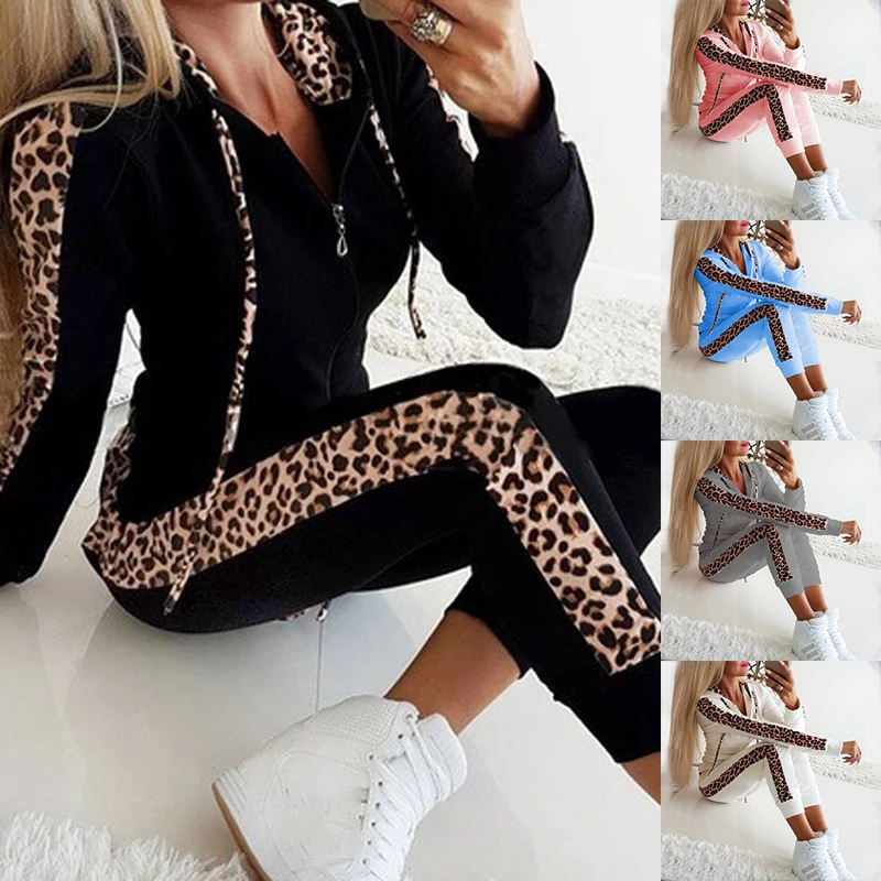 Women's fashion leopard print two-piece sports set with zippered hoodie top paired with long pants sexy sports jogging set sports hoodie sweatpants set men s 2 piece track suit set with hooded sweatshirt elastic waist pants for casual for jogging