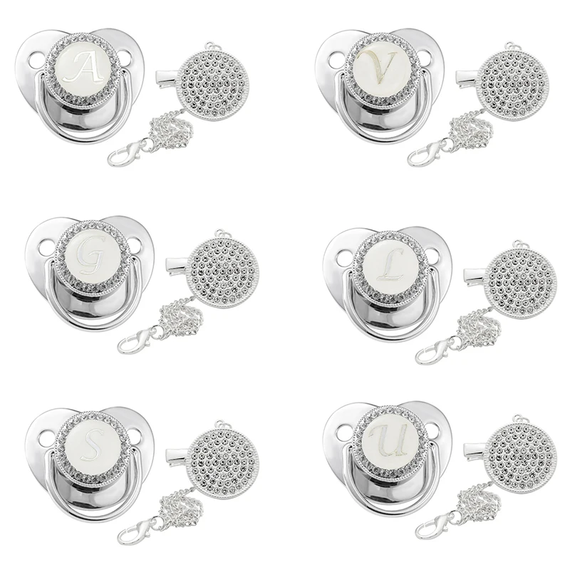

26 Letters Baby Pacifier Nursing Teether with Pacifier Chain Clip Crystal Rhinestones Silicone Nipple BPA Free Infant Comfort Ap